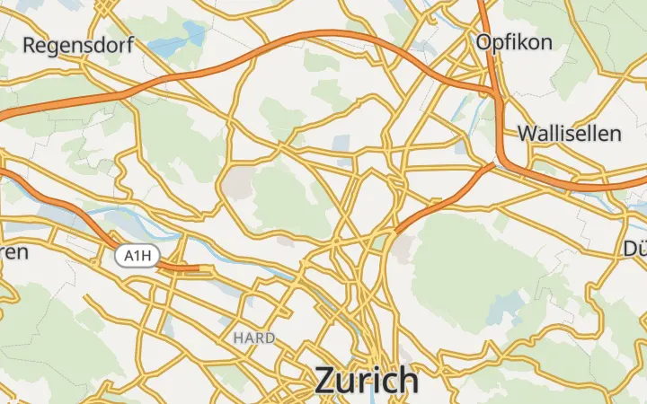 The driving style around Zurich: orange motorways with their numbers, yellow main roads