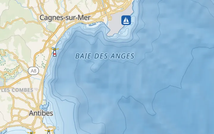 Der Stil Marine bei Nizza: die tiefe Baie des Anges, Tiefenlinien, Leuchttürme und Jachthäfen