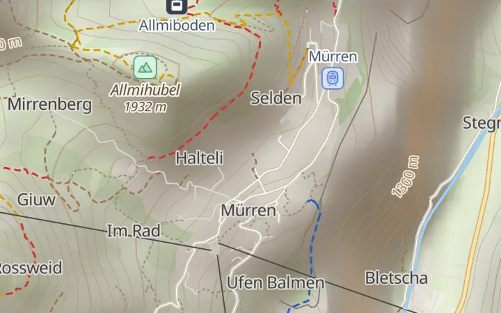 The outdoor style above Mürren: red mountain trails, yellow hiking trails, huts, stops and contour lines