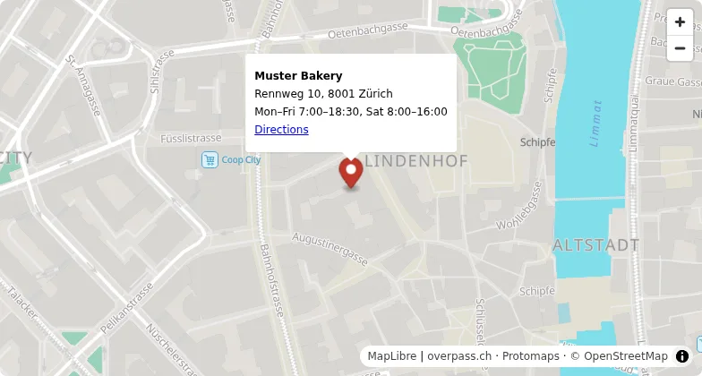 A map with the marker of a bakery, its address, opening hours and a directions link