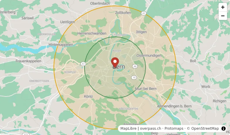 Two delivery zones around a pizzeria in Bern