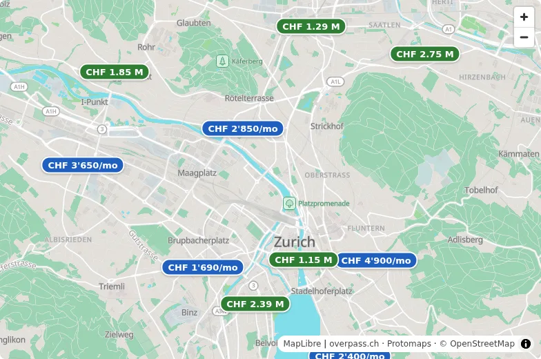 Flats and houses in Zürich shown as price labels on a map