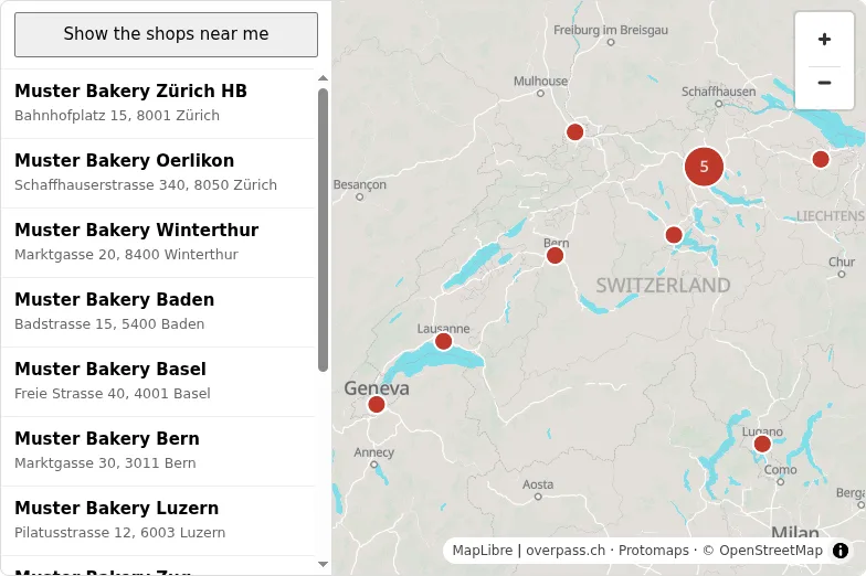 A store locator: a list of shops beside a map of Switzerland with their markers